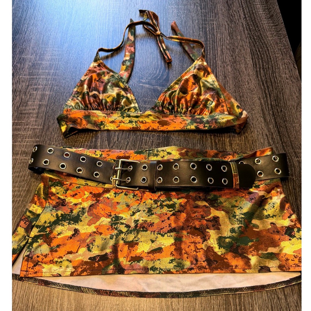 LoverGirl Metallic Camo Print 2-Piece Set – Bikini Top & Mini Skirt  – Festival